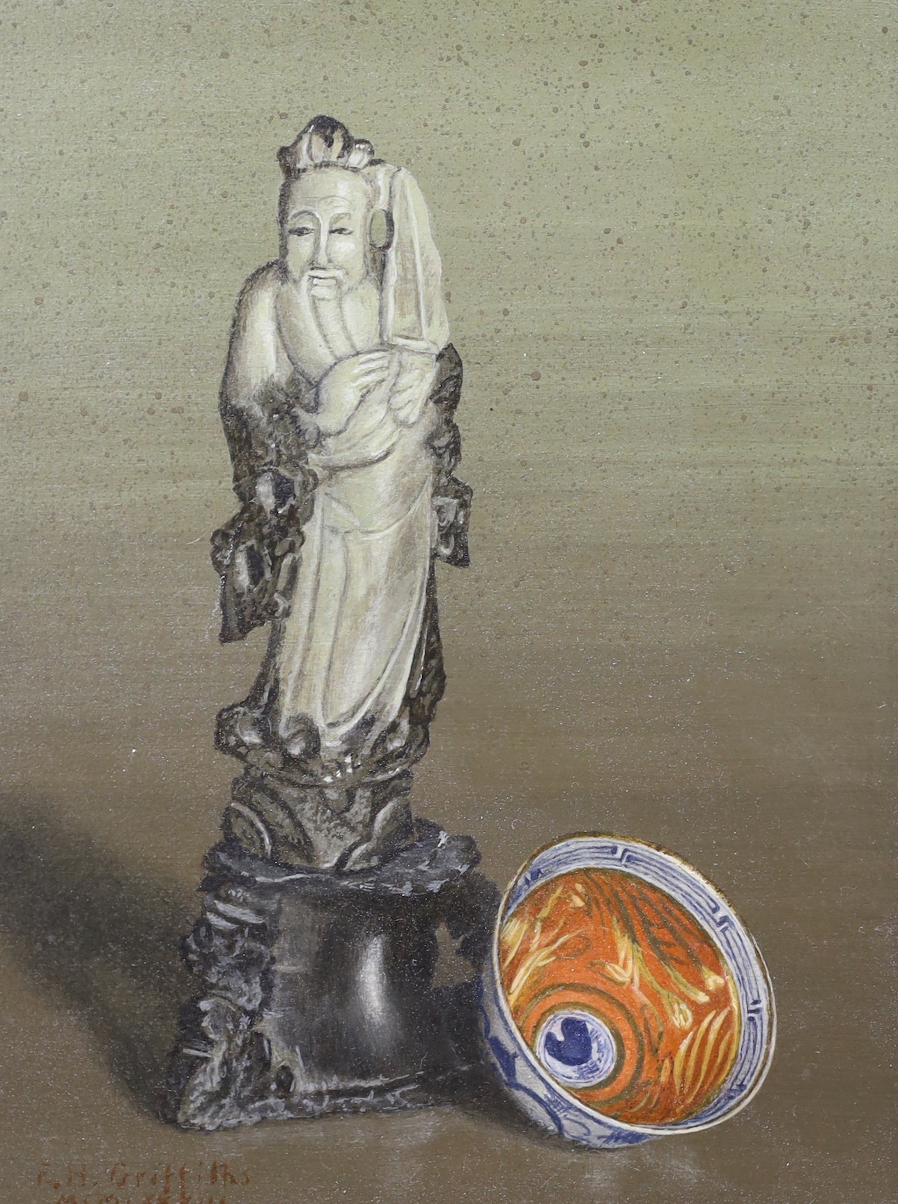 Edward Griffiths, pair of oils on board, 'Holy man with temptations' and one other, each signed, label verso, 21 x 16cm